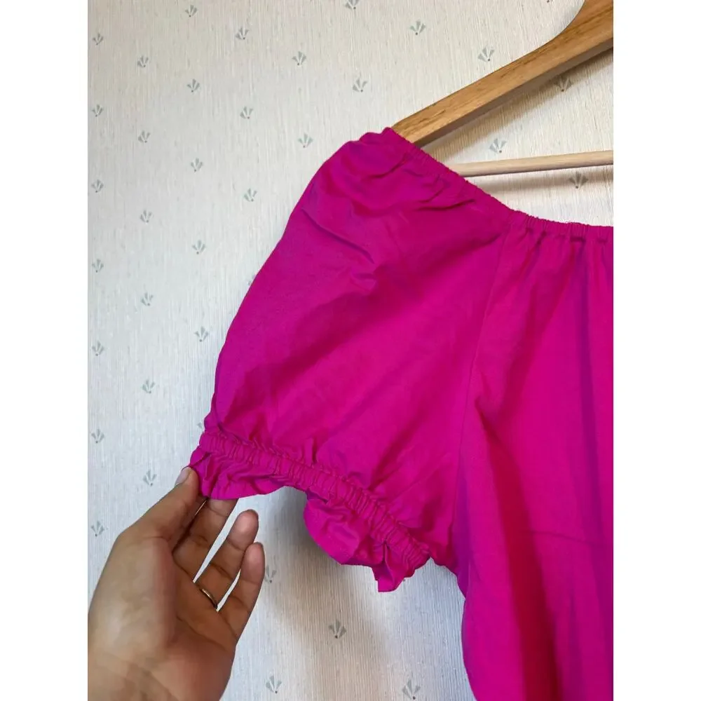 J Crew Tie Back Poplin Top Medium Fuchsia 100% Cotton Puff Sleeve Preppy Relaxed
